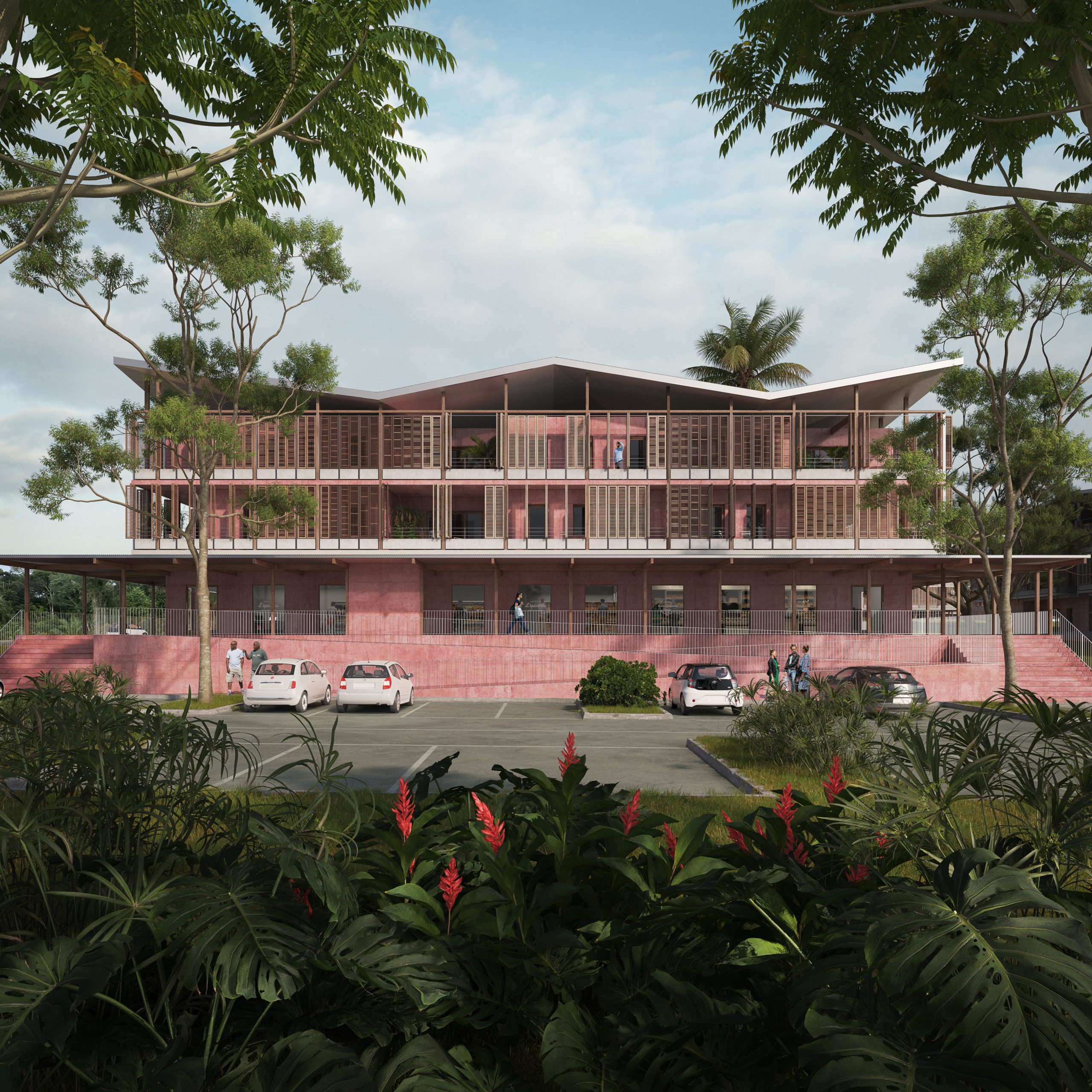 Vue d'un lot de logements collectifs avec un centre commercial de proximité