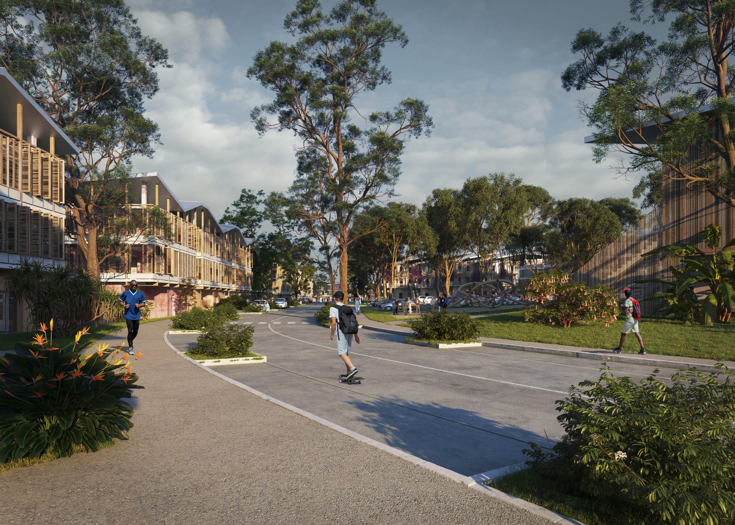 Vue d'un cœur d'îlot vaste et d'une rue intérieure du quartier